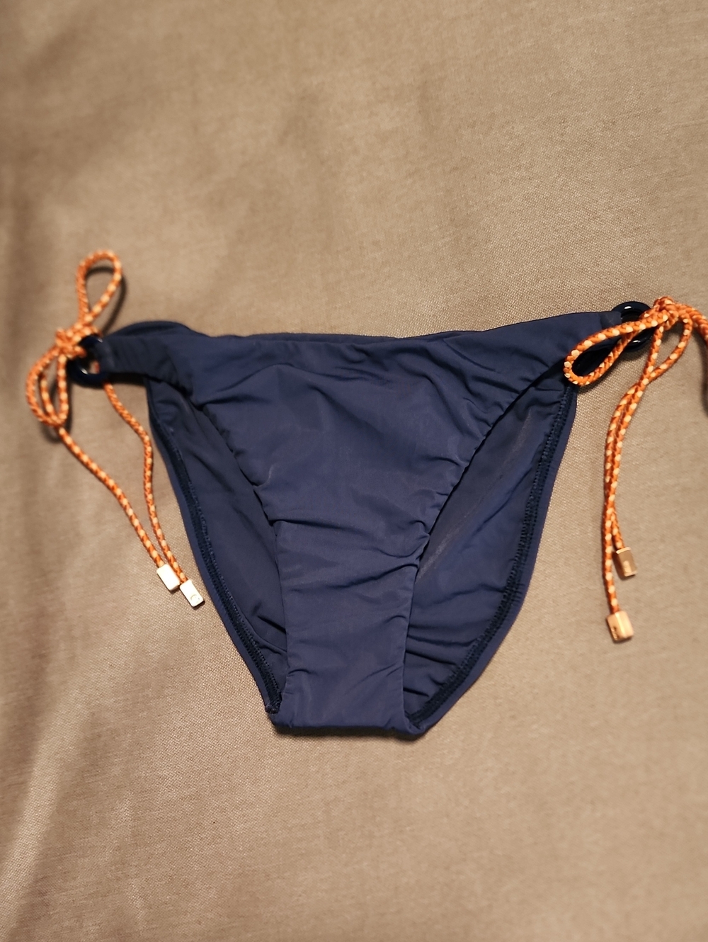 Navy Blue Tie-Side Bikini Bottom with Orange Rope Ties